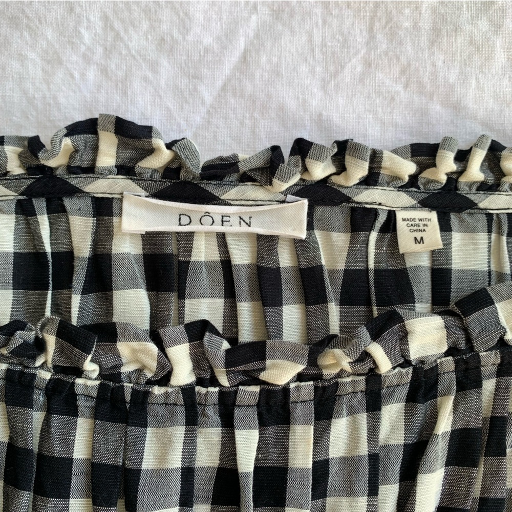 Doen Rizzo Linen Smocked Boat Neck Short Puff Sleeve Mini Dress Marilyn Gingham - Picture 10 of 15